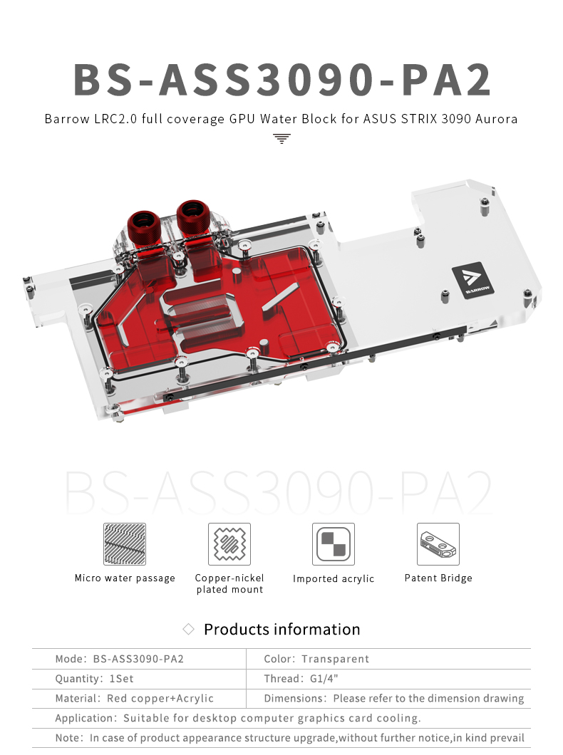 Barrow Liquid Cooling GPU Block for ASUS ROG STRIX 3090 3080 BS